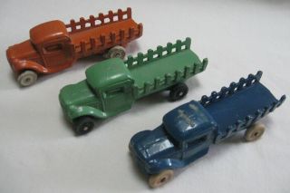 3 Vintage Slush Cast Metal Stake Bed Toy Trucks Fred Green Barclay