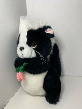 Russ Berrie Salina Small Stuffed Plush Black White Skunk Holding Pink Flower