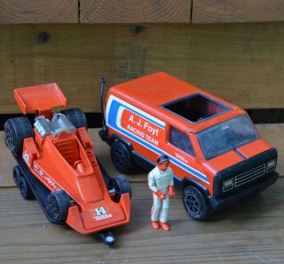 Vintage Tonka A.  J.  Foyt Racing Team Set Van Race Car Trailer & Driver Figure