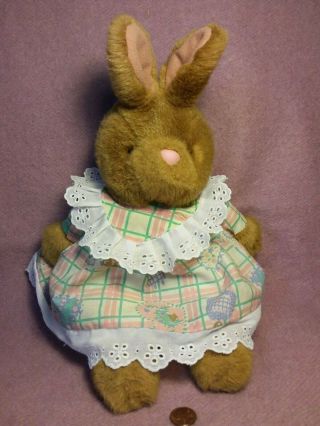 Vtg 13 " Brown Bunny Rabbit Girl With Dress Soft Fabric Body Plush Stuffed