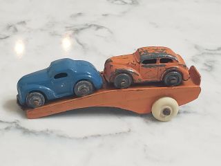Vintage 1950s Barclay Car Carrier Auto Transport Trailer W/ Two Diecast Cars