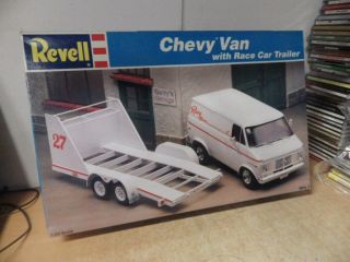 Vintage Revell 1/24 Scale Chevy Van With Race Car Trailer Model Kit