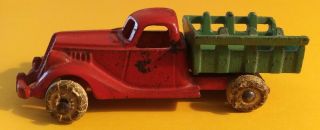 Antique Hubley Red & Green Cast Iron 3 1/2 " Stake Bed Truck Made In Usa 1930s