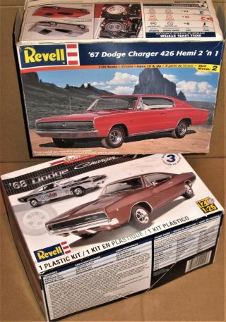 2 Revell - In - Box 1967 & 1968 Dodge Charger Hemi & R/t 1/25 Model Car Kits