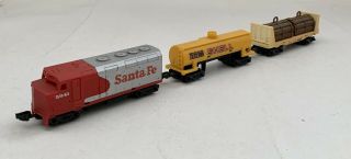 1983 Mattel Hot Wheels Railroad 3 - Train Set: Engine,  Oil Tanker,  Logging Flatbed