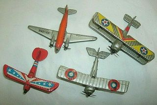 4 Vintage Cast Metal Toy Airplanes,  3 Bi - Planes,  Dc - 3,  A106,  607,  Stars & Stripe