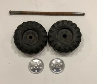 (2) 1950’s/1960’s Tonka Road Grader Rubber Script Wheels W/ 5 - Hole Hub Caps