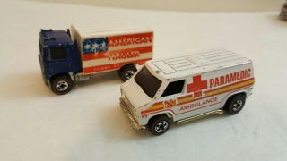 Vintage Hot Wheels Redline 1973 American Hauler & 1974 Pandemic Ambulance White