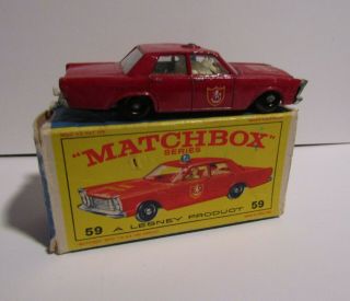 Vintage Matchbox Lesney Red Fire Chief Car Ford Galaxie 59 Vg,  /vg