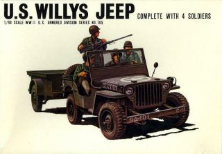 1/48 Bandai Models U.  S.  Willys Jeep With Trailer And 4 Soldiers