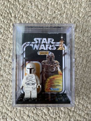 Lego Star Wars Prototype White Boba Fett Minifigure - With Custom Kenner Display