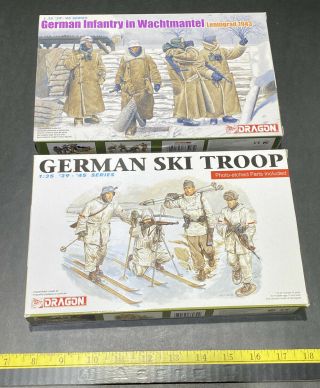 (2) Dragon 1/35 Scale Ww2 German Figures: Ski Troop & Infantry In Wachtmantel