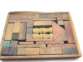 Old Vtg German Wood Building Blocks With Finger Jointed Box Childrens Toy Set