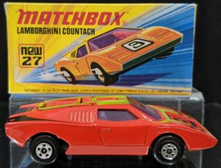 Lesney Matchbox Superfast 27 Red Lamborghini Countach Purple Windshield W/ Box