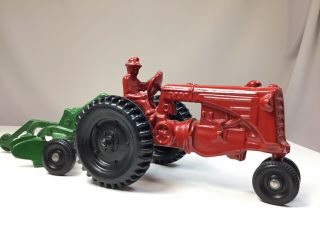 Vintage RED MM Minneapolis Moline Die Cast Metal Farm Tractor w/ GREEN Plow 2