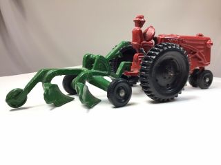 Vintage RED MM Minneapolis Moline Die Cast Metal Farm Tractor w/ GREEN Plow 3
