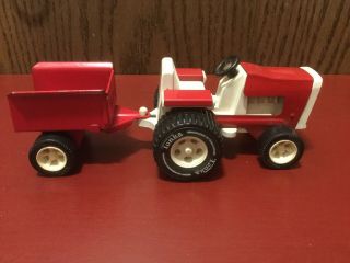 Vintage Tonka Pressed Steel Garden Lawn Tractor & Trailer Red And White 1970 