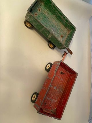 Two Vintage Ertl Metal Trailers Wagons Green Red 8” X 5” Tonka Tires On Green