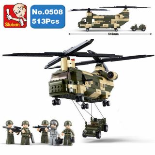 Sluban B0508 Army Military Transport Helicopter Jeep Battle Building Blocks Toy