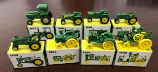 John Deere Miniature Toy Tractors 1/64 Scale 8 Piece Set With Boxes