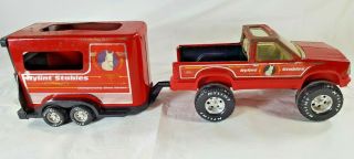 Vintage Nylint Stables Pickup Truck And Horse Trailer Red Metal Toy