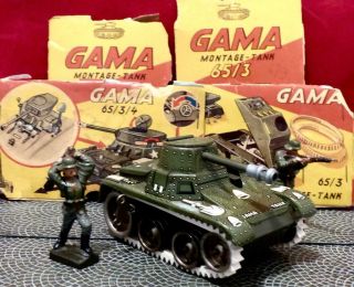 Postwar Gama Tank - - W/key,  2 Soldiers,  Misc - Elastolin - Arnold - Hausser - Tippco