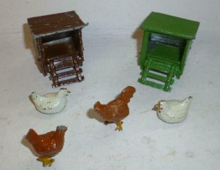 Two Fgt Vintage Lead Farm / Garden Hen Coops With Chickens From The 1940/50s