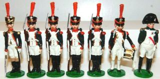 Old 1980s Metal French Infantry At Attention W/officers At Waterloo,  7 Piece Set