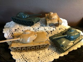 4 - Vintage Toy Army Tanks Green & Tan Plastic 379 - P9 Japan