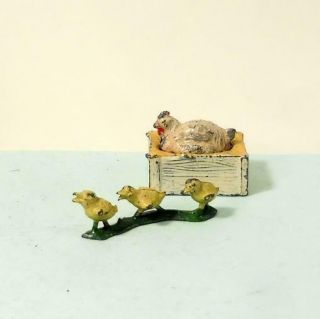 Vintage Lead Farm - JOHN HILL CO Hen,  Nest Set F G TAYLOR Row of Three Chicks 2