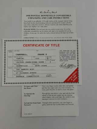 Danbury 1958 Pontiac Bonneville Sport Coupe 1/24,  Certificate Of Title