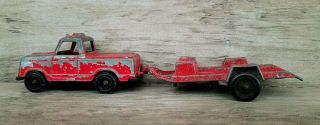 Vintage Tootsietoy Red Pick Up Truck And Motorcycle Trailer