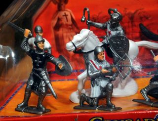 Crusader & Castle set of 8 plastic figures and 2 horses,  in scale approx 3