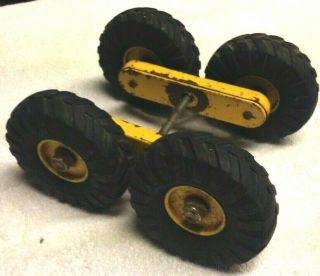 4 VINTAGE NYLINT PRESSED STEEL CONSTRUCTION TOY TIRES WHEELS PARTS OR RESTORE 2