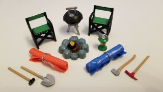 1/24 Camping Set: Chairs,  Campfire,  Bed Rolls,  Grill,  Shovel,  Axe,  Pick,  Lantern