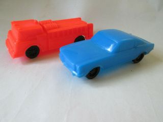1970 Gay Toys 4 " Plastic Red Fire Engine Truck & Blue Ford Mustang Car Usa