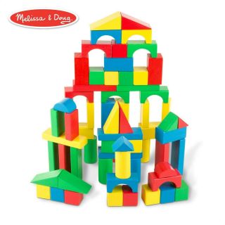 Wooden Building Blocks Set (developmental Toy,  100 Blocks In 4 Colors & 9 Shapes
