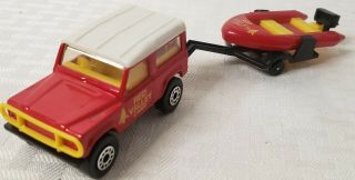 Matchbox Red Valley Camp 1987 Land Rover Ninety,  1984 Inflatable Raft,  Trailer
