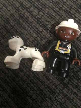 Euc Lego Duplo Figure Black African American Fireman White Spotted Dog 6138