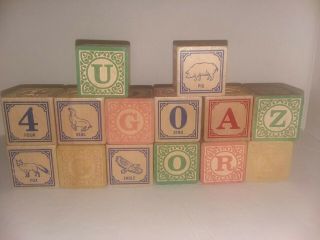 14 Vintage Wooden Childrens Building Blocks Alphabet Pictures Numbers Bb2