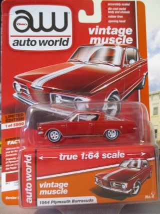 Auto World Vintage Muscle 1964 Plymouth Barracuda Red 1/64 Scale Rubber Tires