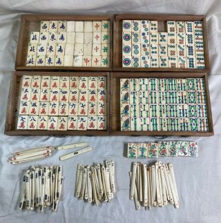 Antique Bone & Bamboo Mahjong Set In Wood Case 149 Tiles Plus Betting Sticks