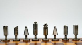 Vintage Mid - Century Modern Italian Metal Chess Set.  Brass & Steel.  Extra Queens