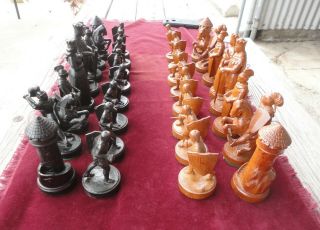 Vintage Anri ? Italy Large 7 " King Hand Carved Painted Wood Chess Set