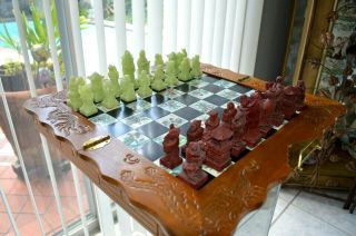 Vintage Asian Chess Board Game Set Carved Dragon Wood Case Inlaid Tile
