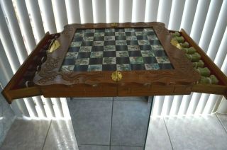 Vintage Asian Chess Board Game Set Carved Dragon Wood Case Inlaid Tile 2