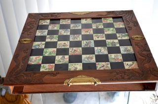 Vintage Asian Chess Board Game Set Carved Dragon Wood Case Inlaid Tile 3