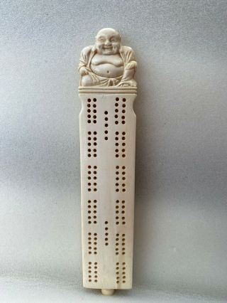 Vintage Carved Bovine Bone Cribbage Board With 4 Pegs,  Happy Buddha