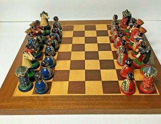 Vintage Eastern European Folk Art Hand Painted Wooden Chess Set W/ Inlaid Board