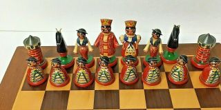 Vintage Eastern European Folk Art Hand Painted Wooden Chess Set W/ Inlaid Board 3